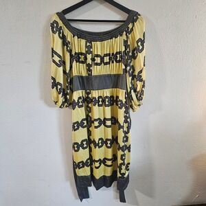 Bebe‎ Vintage 100% Silk Yellow Geometric Chain Link Empire Waist Dress Large
